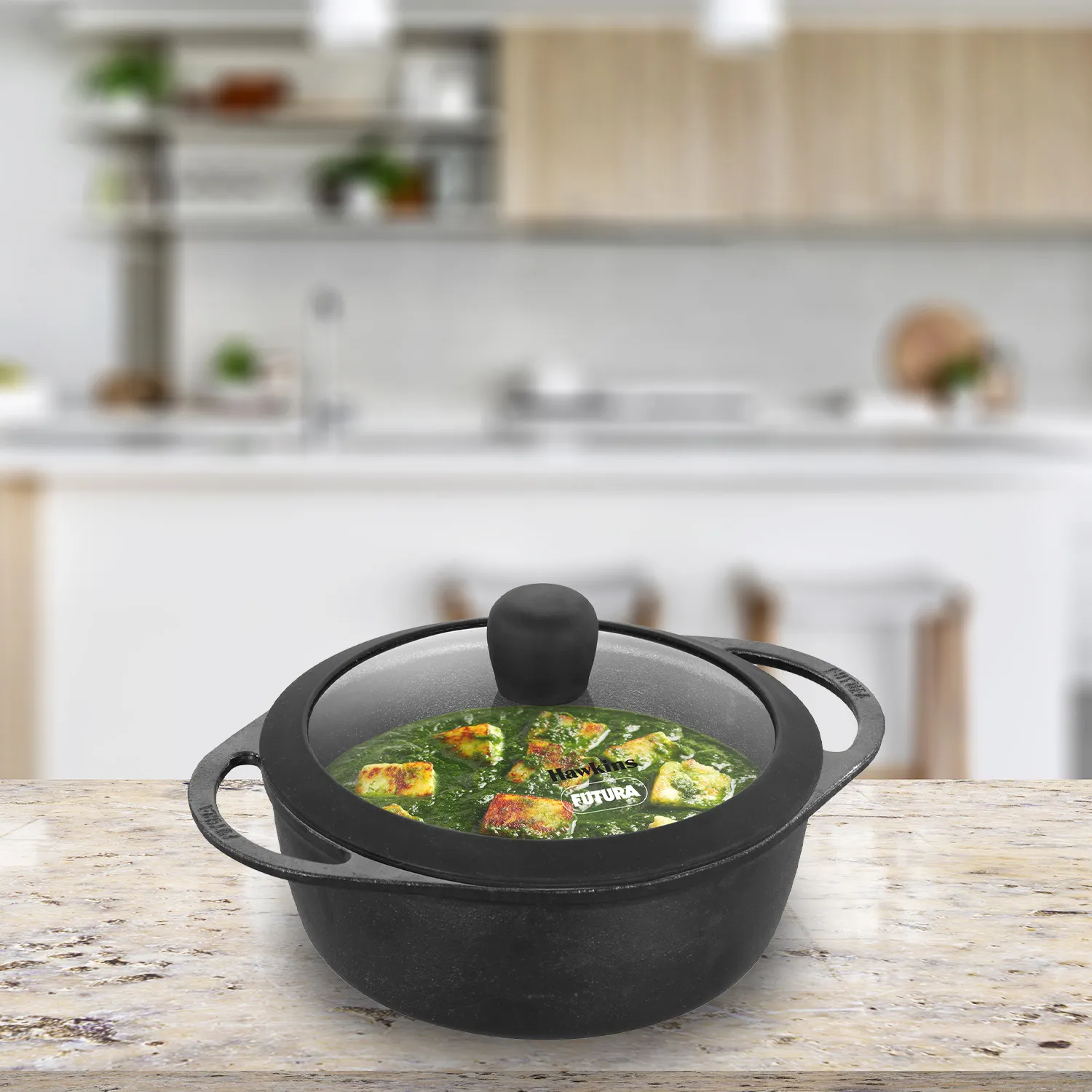 Hawkins Futura Cast Iron Baby Casserole 1.25 Litre with Glass Lid