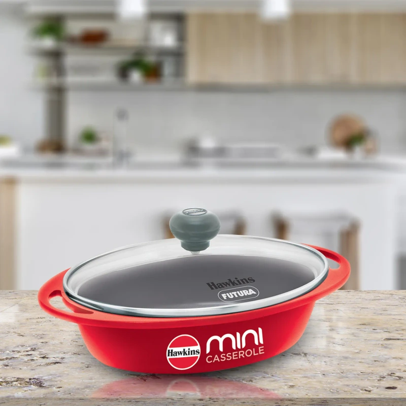 Hawkins Die Cast Red Oval Mini Casserole 0.75 Litre with Glass Lid