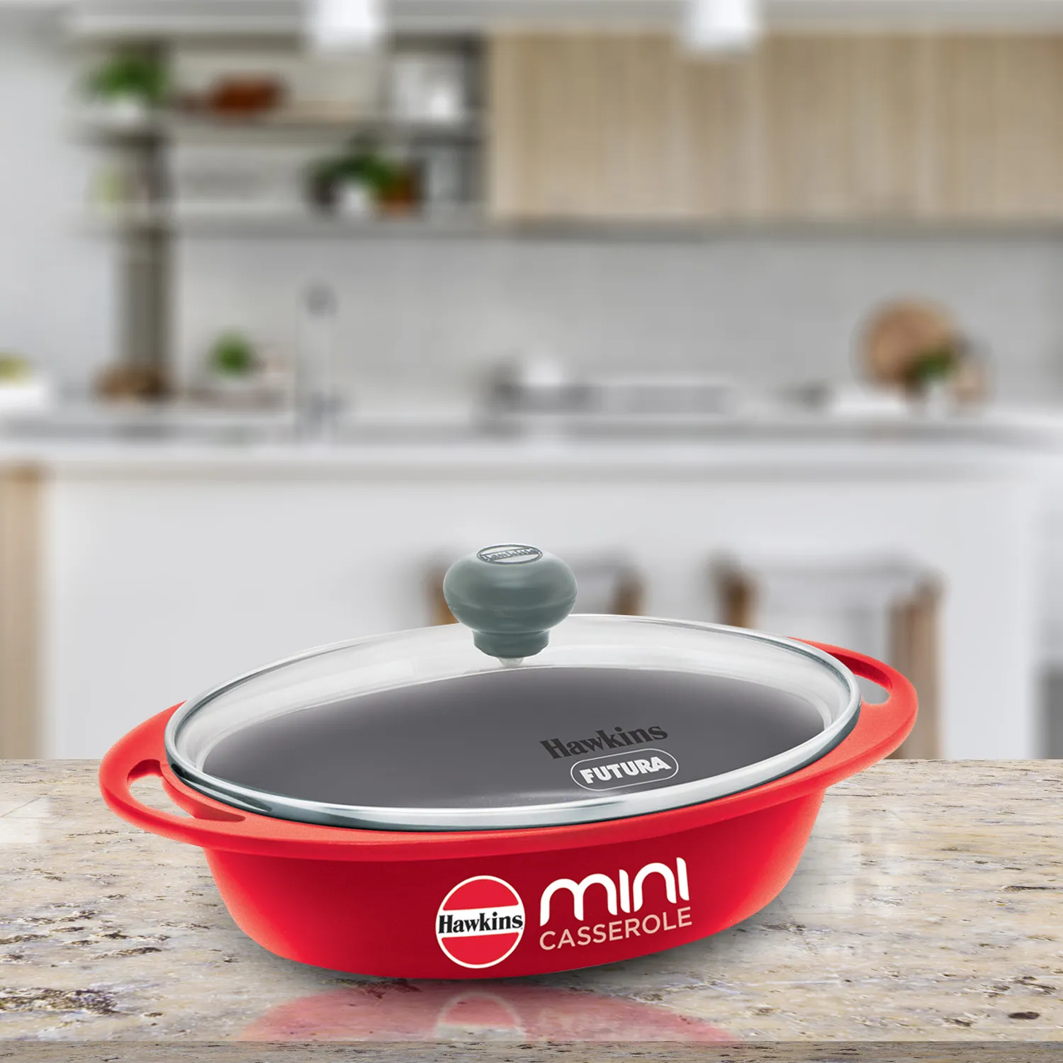 Hawkins Die Cast Red Oval Mini Casserole 0.75 Litre with Glass Lid