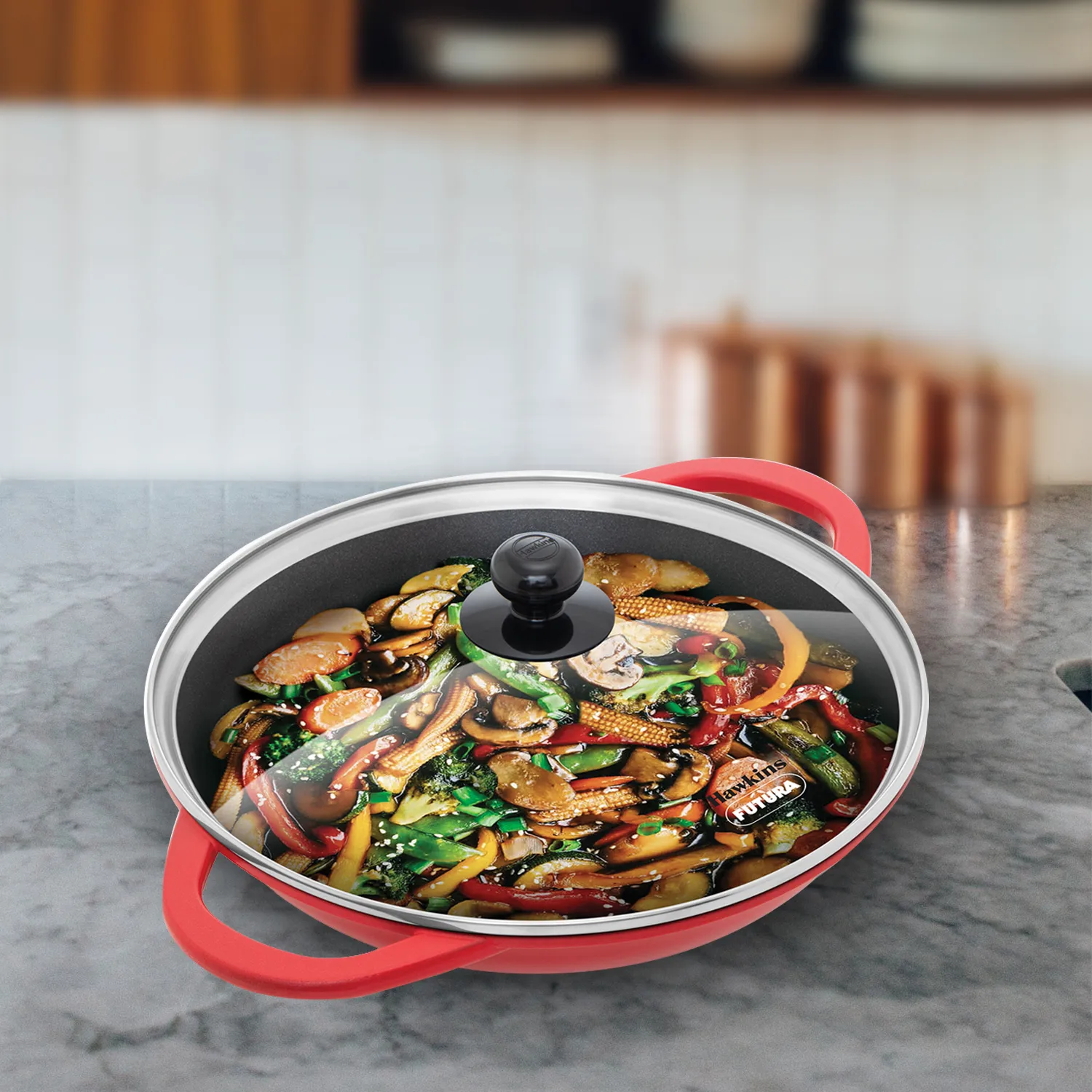 Hawkins Induction Compatible Die Cast Shallow Kadhai 3 Litre with Glass lid