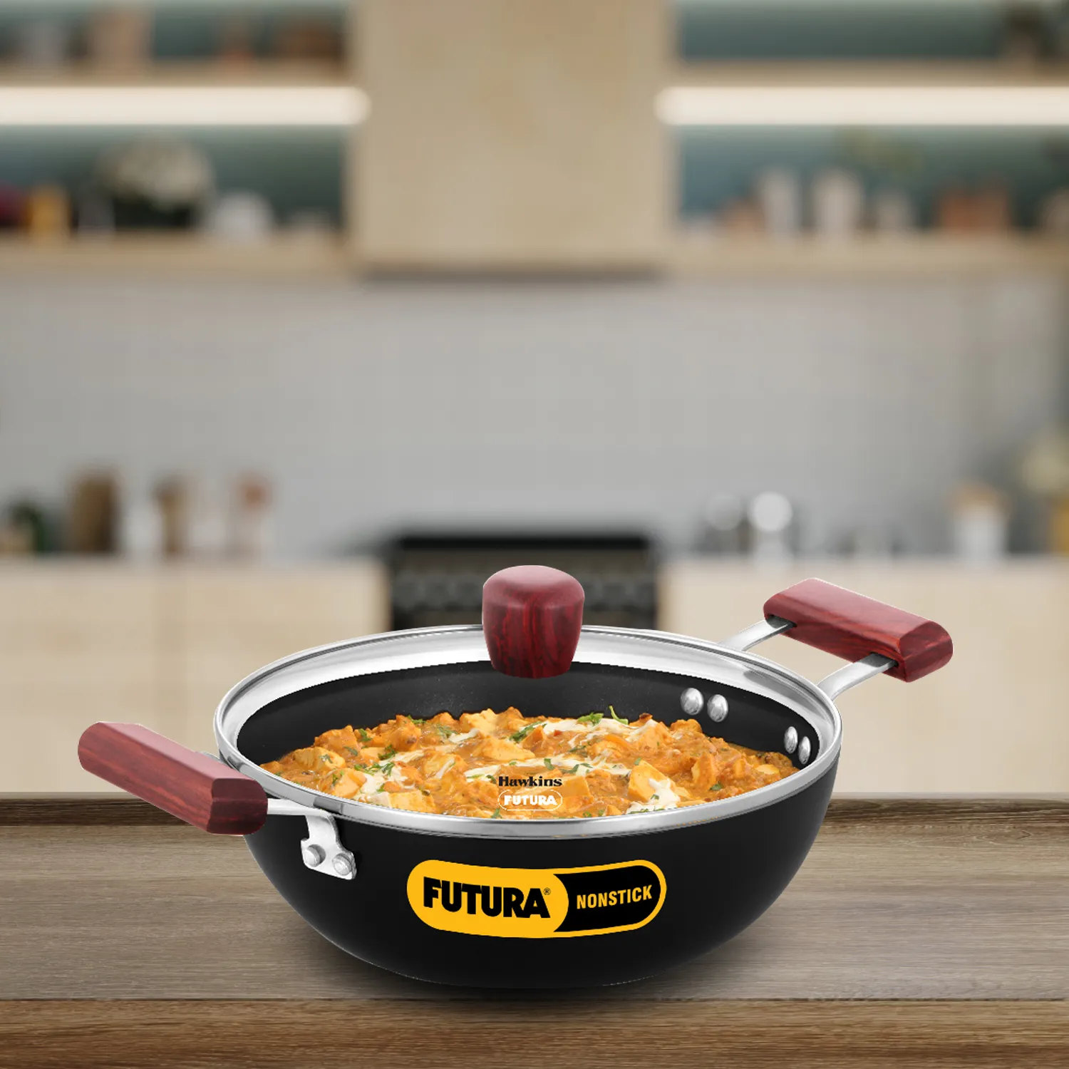 Hawkins Futura Induction Compatible Nonstick Deep Kadhai 2.5 Litre with Glass Lid (Flat Bottom)