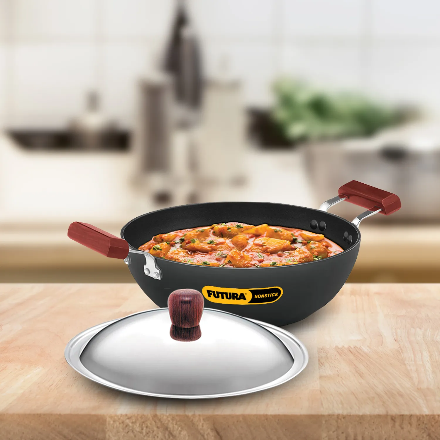 Hawkins Futura Induction Compatible Nonstick Deep Kadhai 3.5 Litre with Stainless Steel Lid (Flat Bottom)