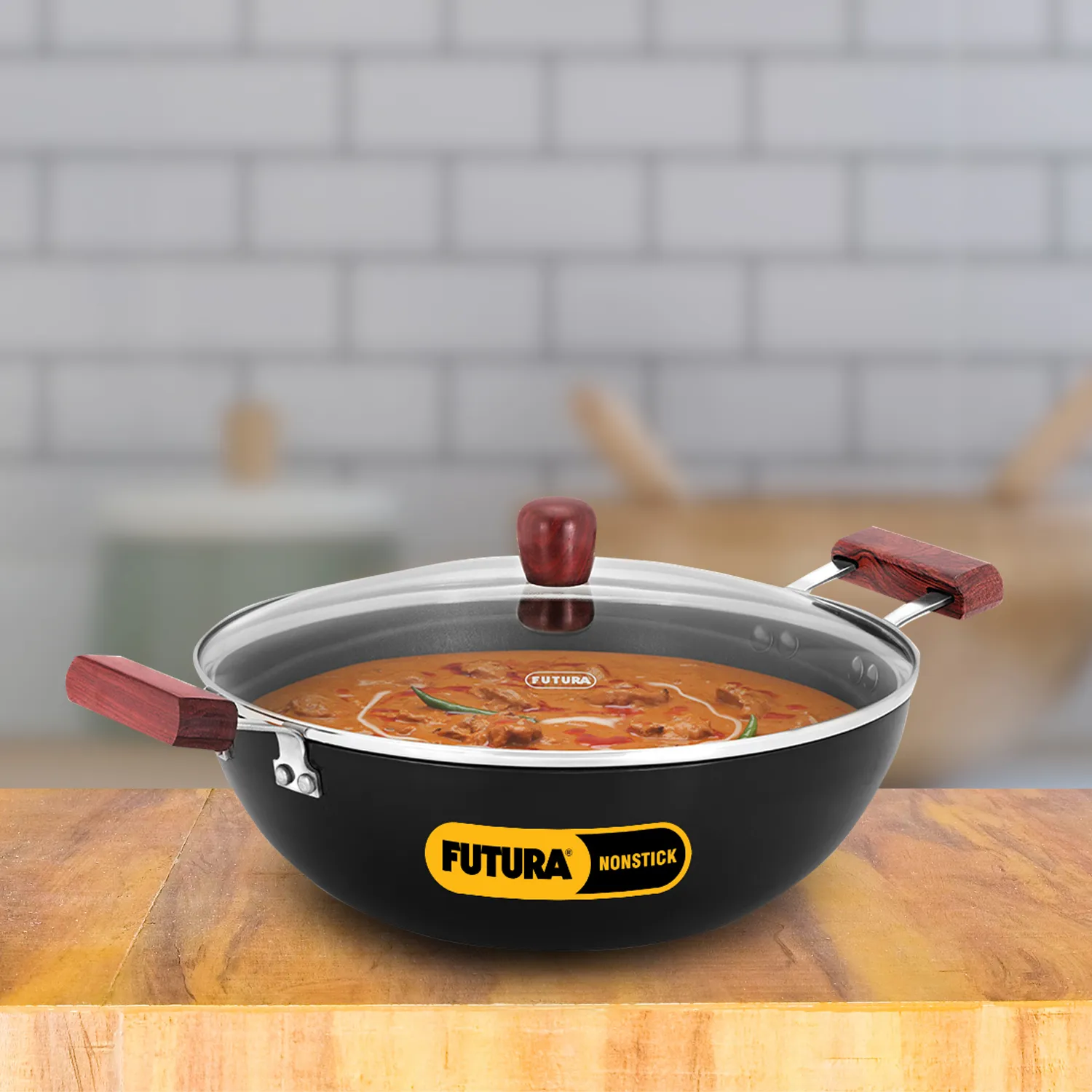 Hawkins Futura Induction Compatible Nonstick Deep Kadhai 5 Litre with Glass Lid with 2 Short Handles (Flat Bottom)