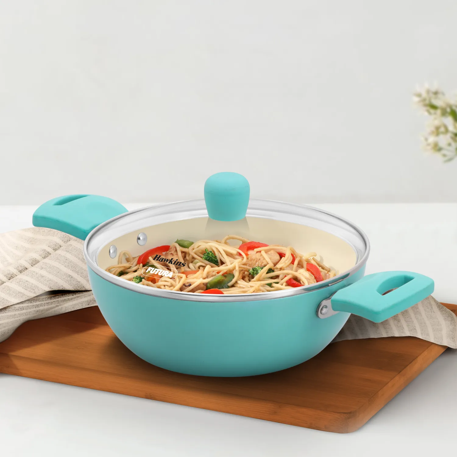 Hawkins Aqua Die Cast Cook n Serve Casserole 2 Litre with Glass Lid