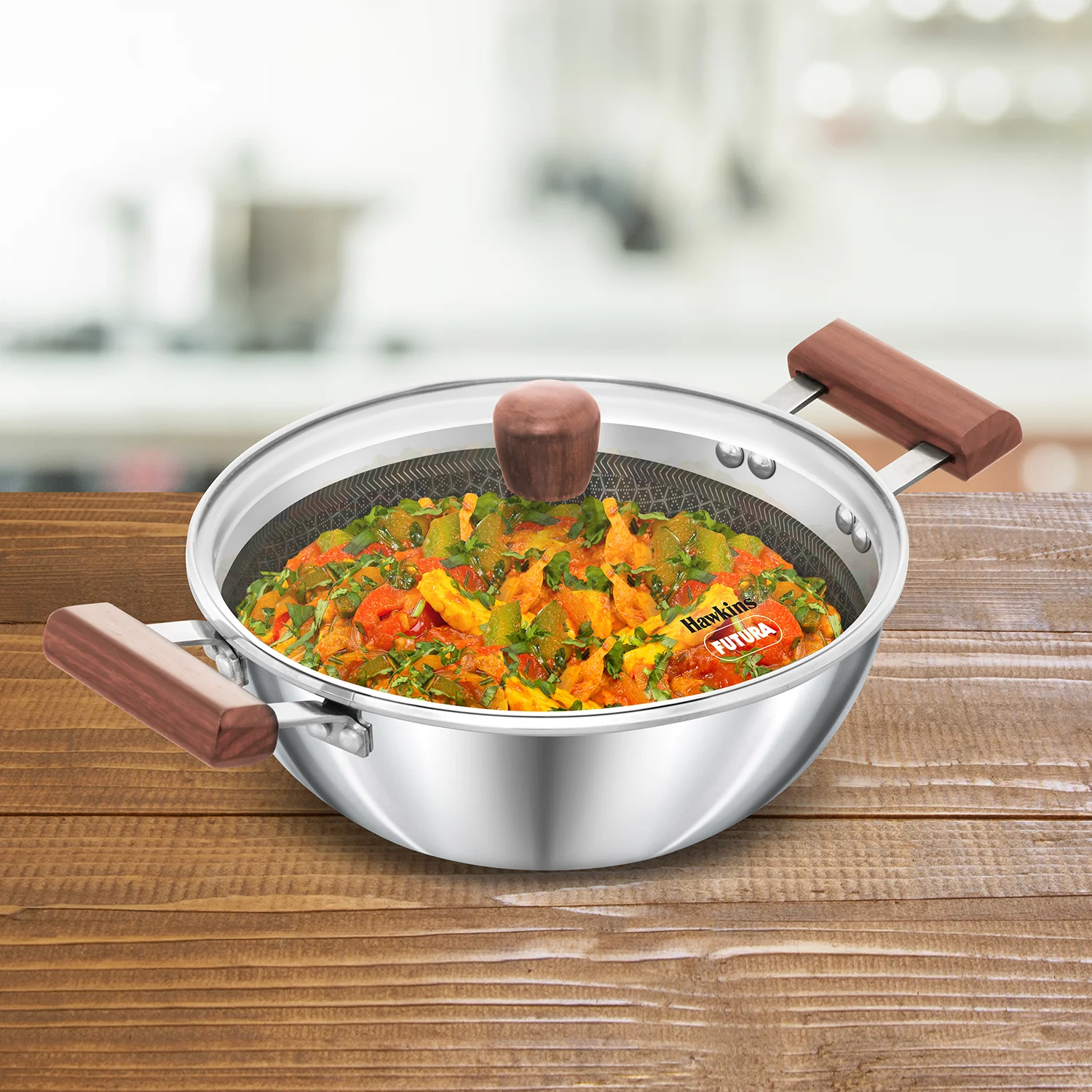 Hawkins Induction Compatible Stainless Steel Tri-ply Shielded Nonstick Deep Kadhai 2.5 Litre with Glass Lid