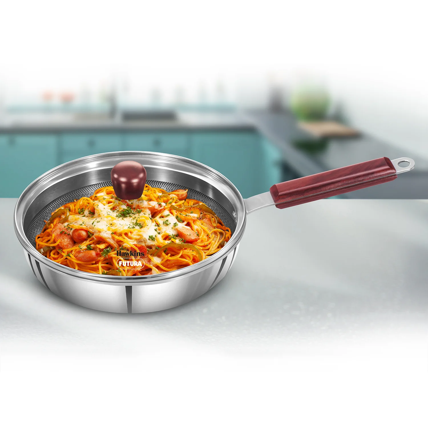 Hawkins Induction Compatible Stainless Steel Tri-ply Frying Pan with Shielded Nonstick 22 cm with Glass Lid