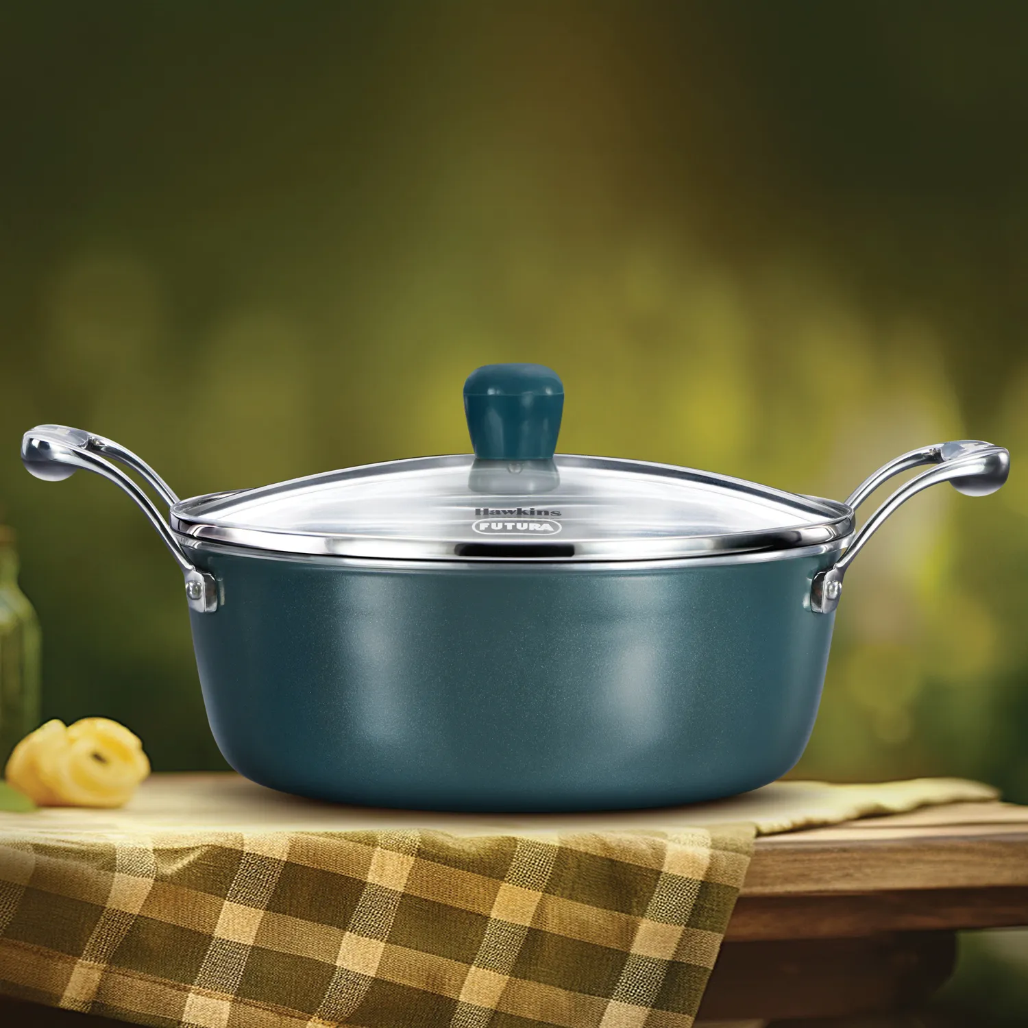 Hawkins Induction Compatible Olive Pro 3 Litre Stainless Steel Tri-Ply Cook n Serve Bowl with Glass Lid