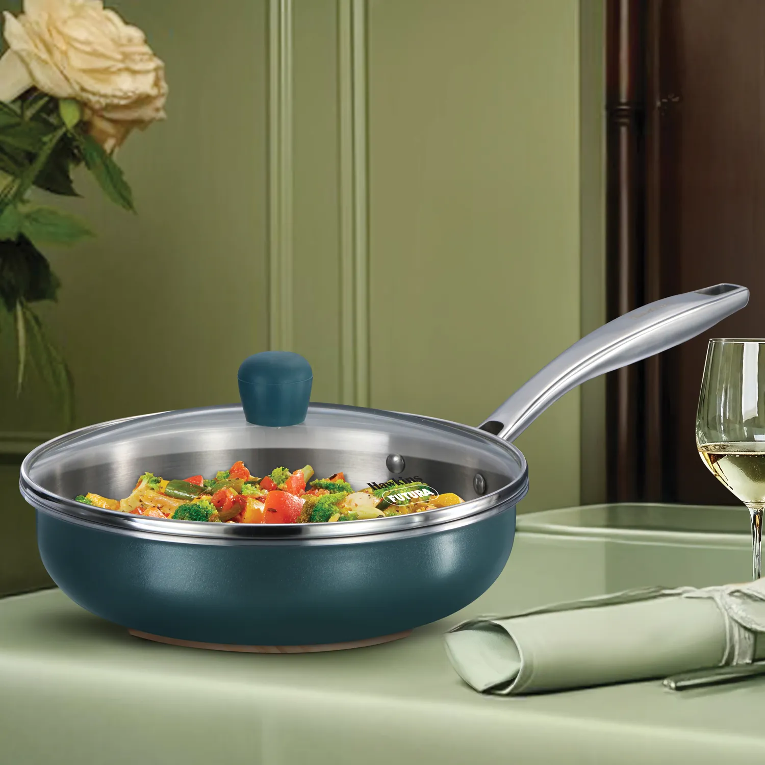 Hawkins Induction Compatible Olive PRO Frying Pan 22 cm with Glass Lid