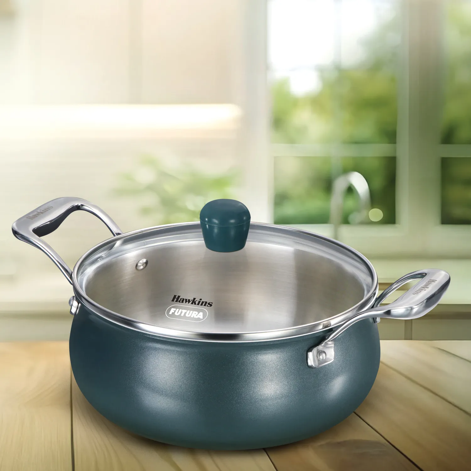 Hawkins Induction Compatible Olive Pro 3 Litre Stainless Steel Tri-Ply Handi with Glass Lid