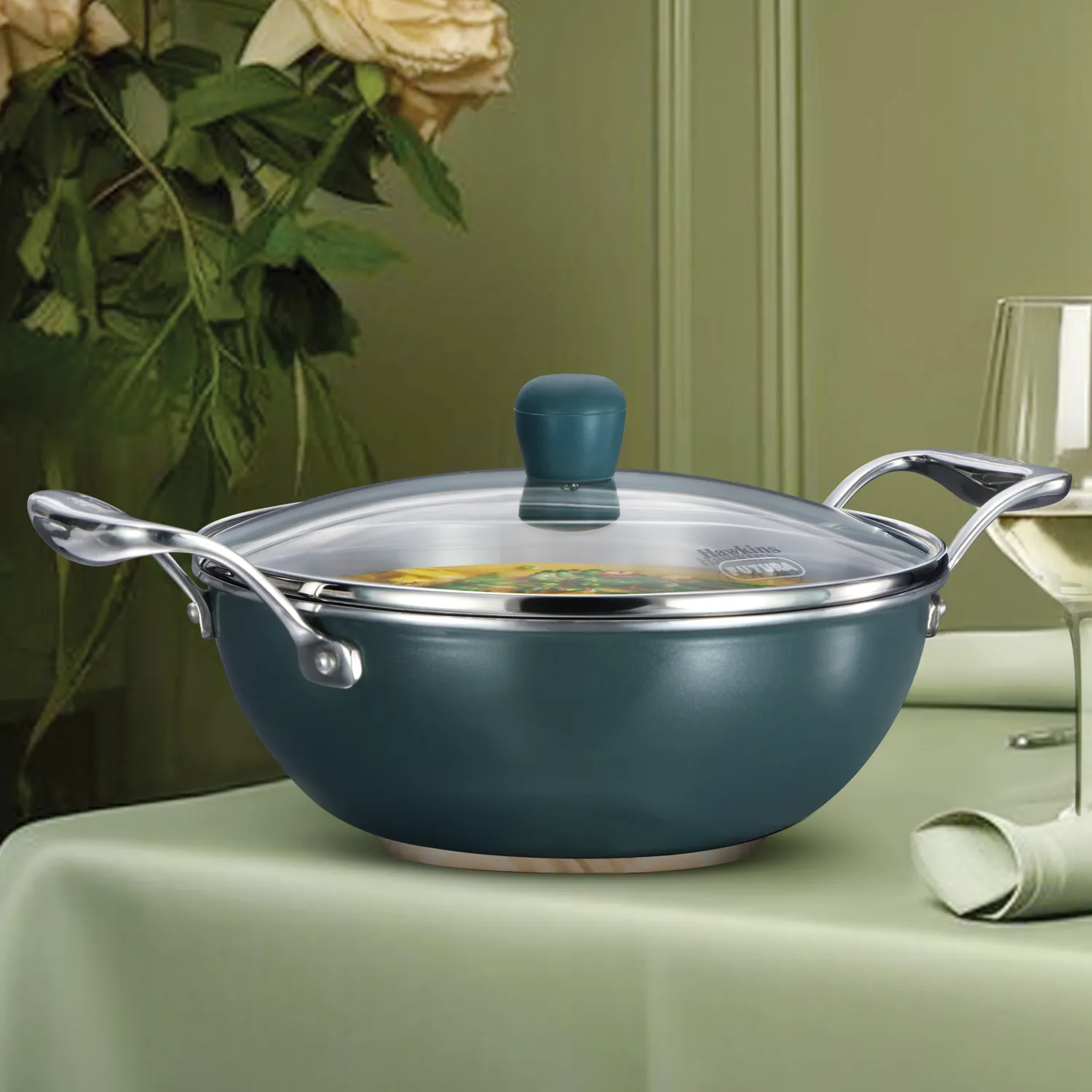 Hawkins Induction Compatible Olive PRO Deep-Fry Pan 2.5 Litre with Glass Lid