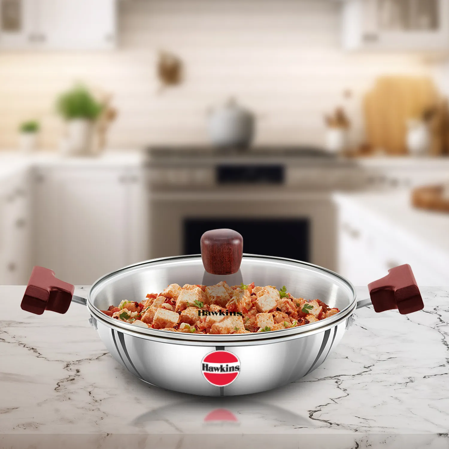 Hawkins Induction Compatible Stainless Steel Tri-ply Deep Kadhai 1.5 Litre with Glass Lid