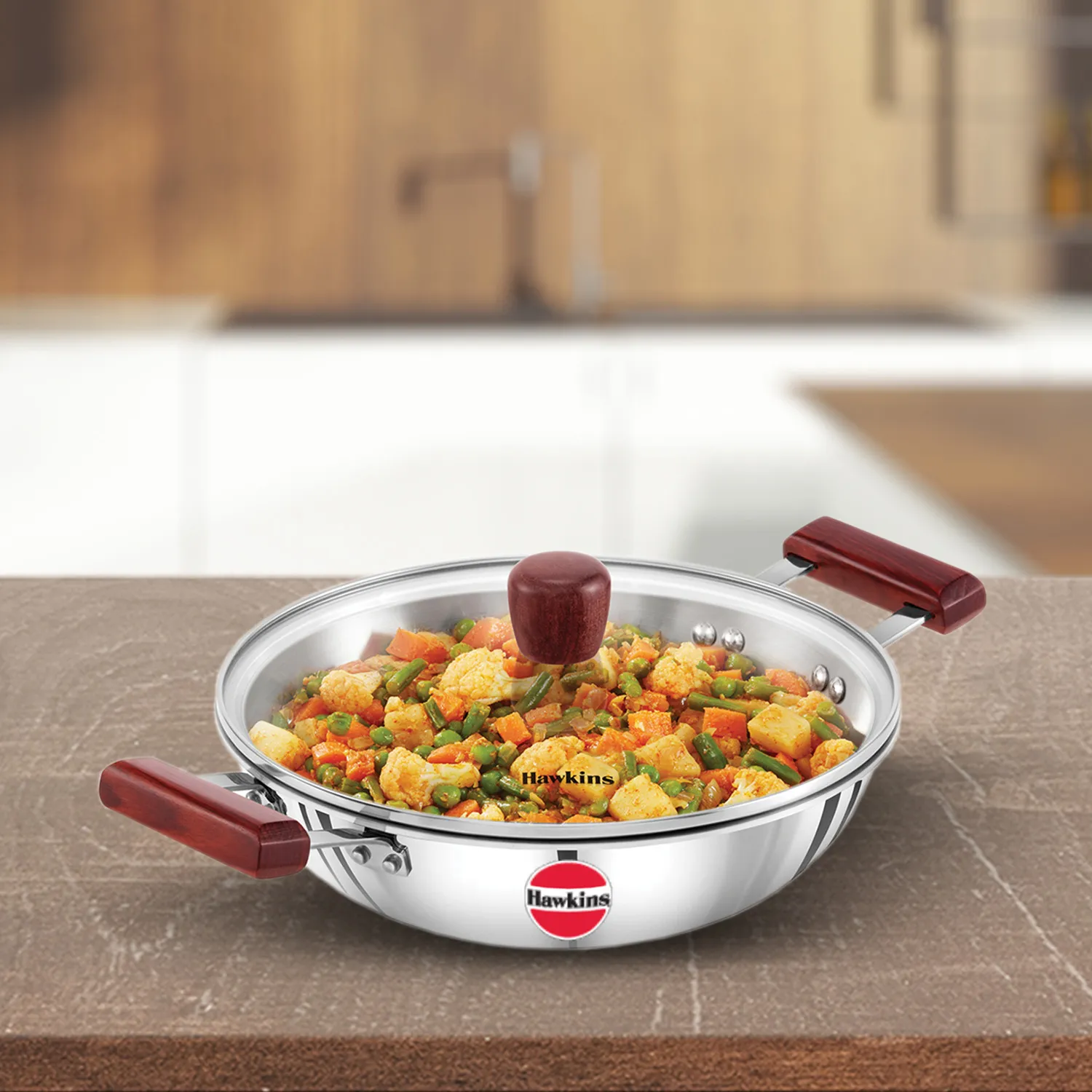 Hawkins Induction Compatible Stainless Steel Tri-ply Deep Kadhai 2.5 Litre with Glass Lid