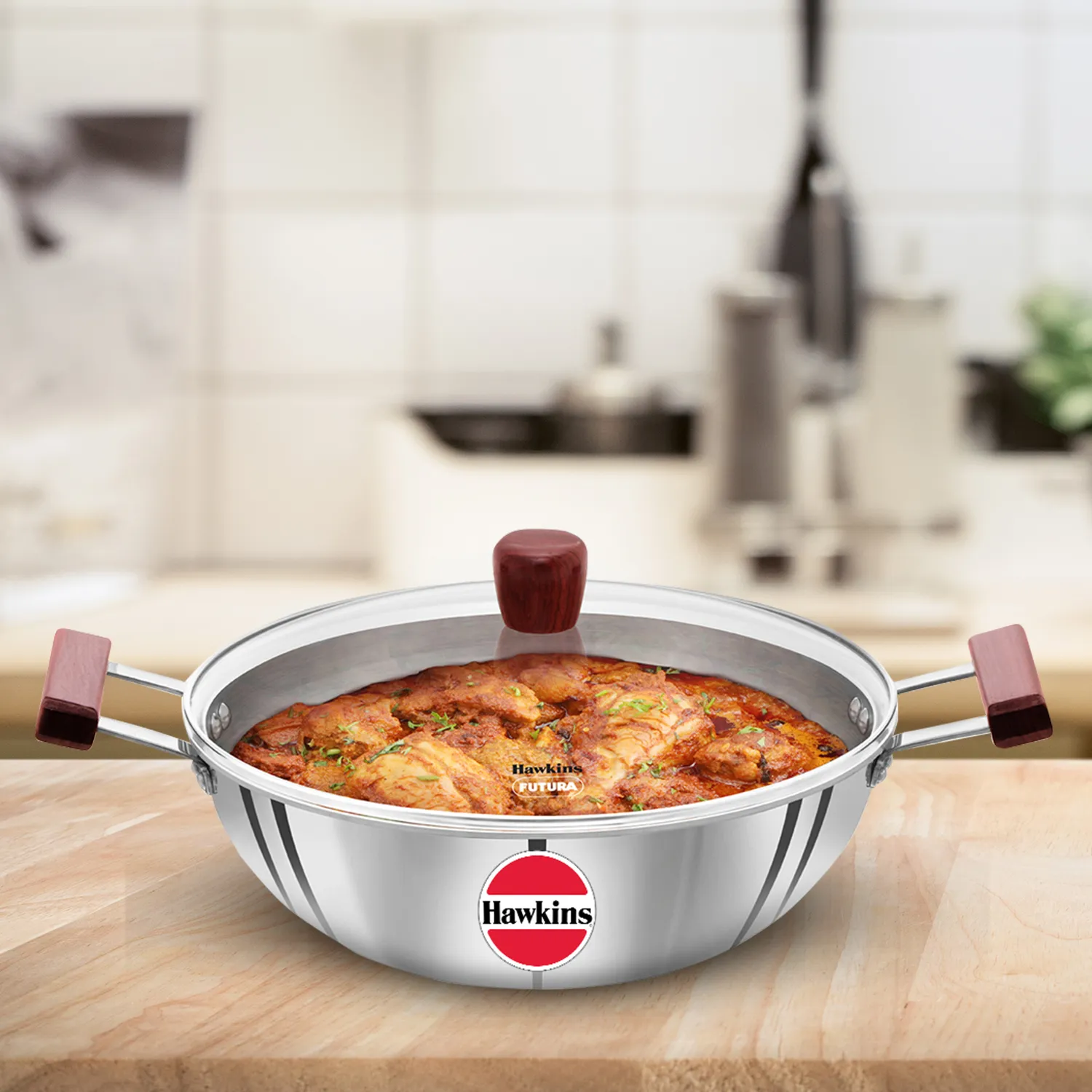 Hawkins Induction Compatible Stainless Steel Tri-ply Deep Kadhai 5 Litre with Glass Lid