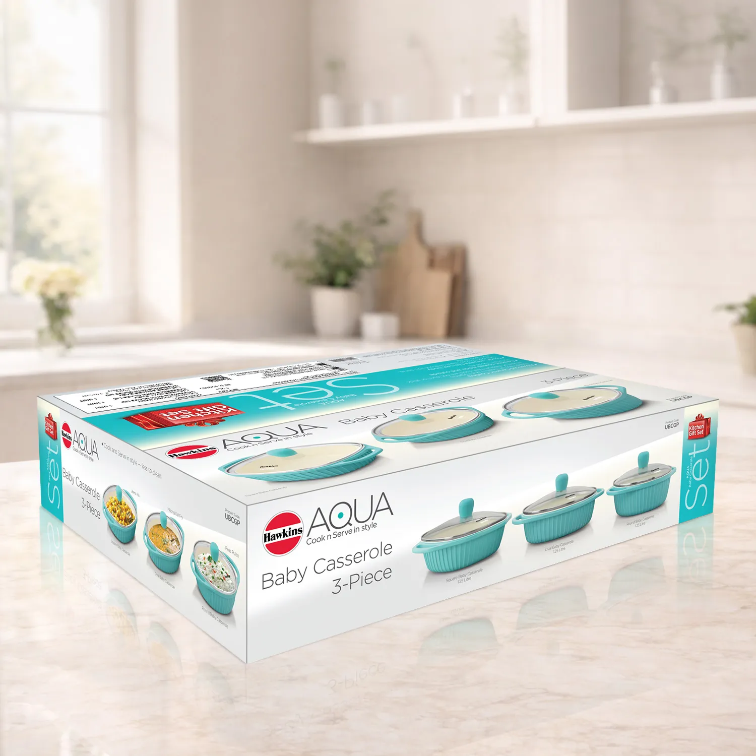 Hawkins Futura Aqua 3-Piece Gift Set of 1.25 Litre Baby Casserole
