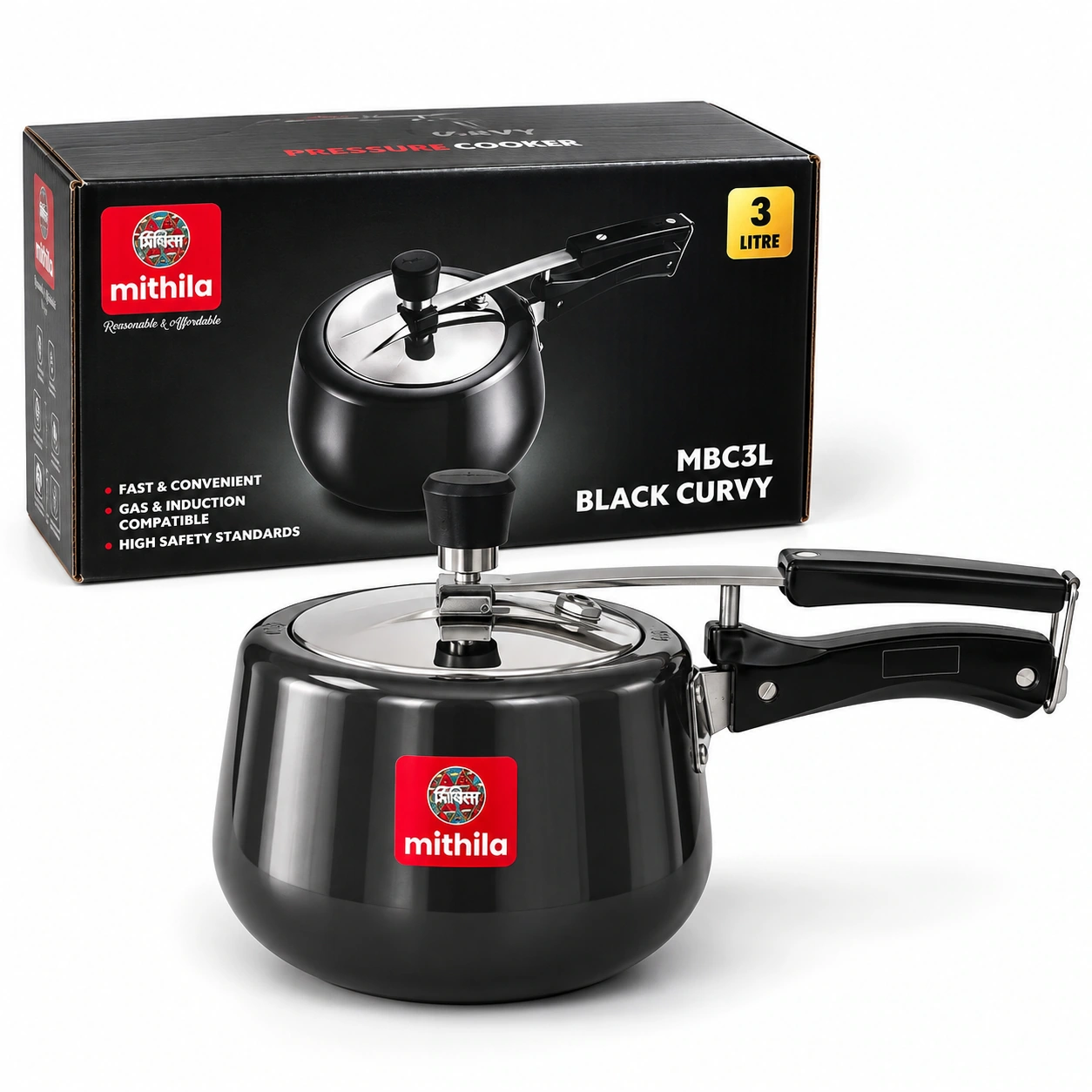 Mithila Curvy Black Pressure Cooker - 2L